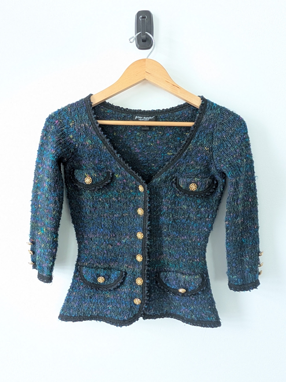 Betsey Johnson Navy Multicolor Tweed Button-Front Cardigan